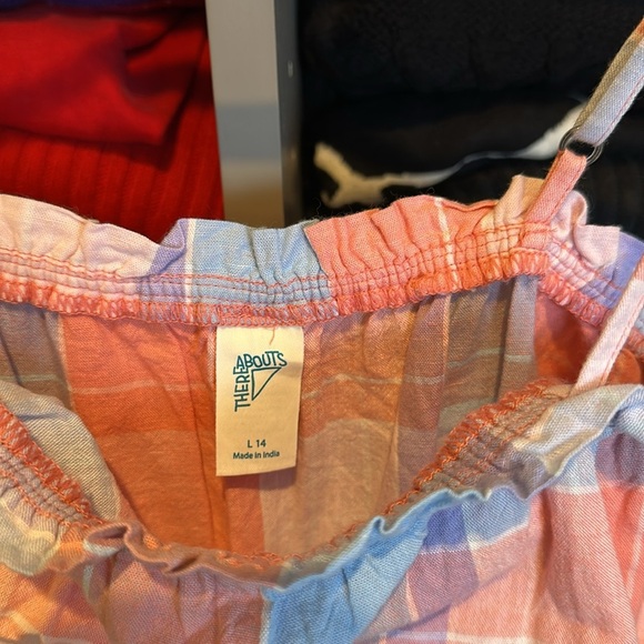 There Abouts blue/coral plaid adjustable strap smocked waistband romper XS NWT - Picture 2 of 3